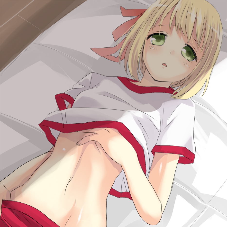 bad_id, blonde_hair, chiha, green_eyes, gym_uniform, hair_ribbon, liechtenstein_(hetalia), lying