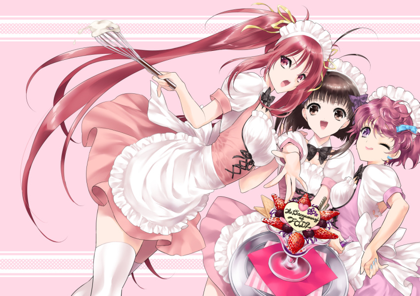 3girls, :d, anniversary, apron, black_bow, blue_nails, bow, bowtie
