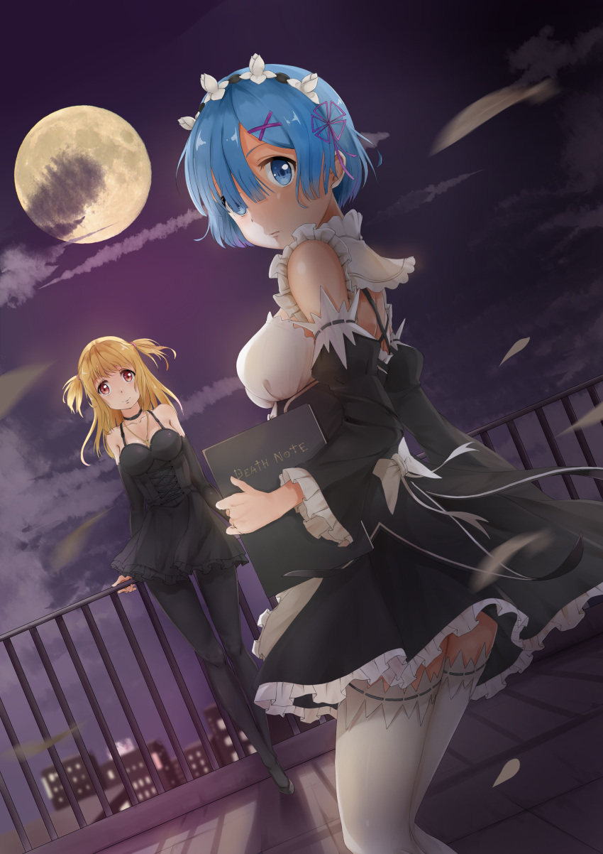 2girls, absurdres, amane_misa, bare_shoulders, black_dress, black_legwear, blonde_hair, blue_eyes