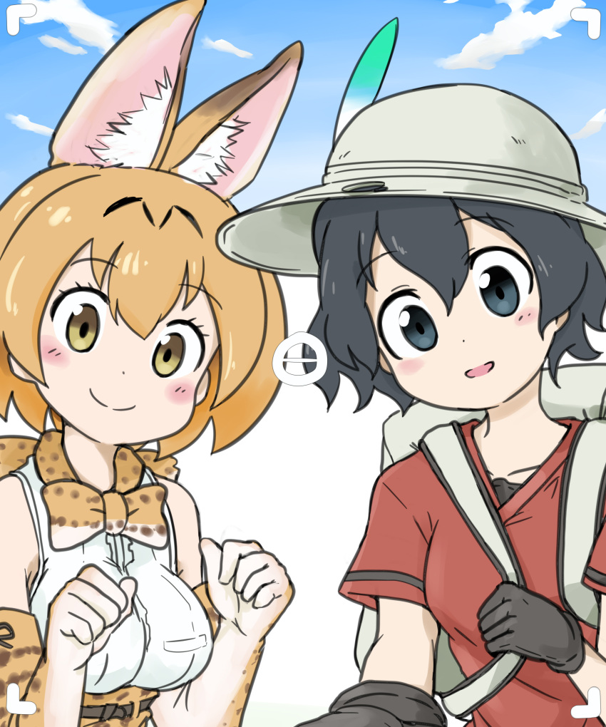 2girls, absurdres, animal_ears, backpack, bag, bare_shoulders, belt, black_eyes