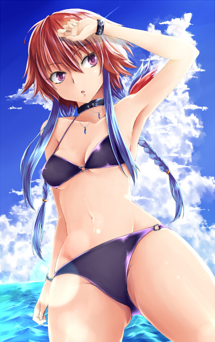 1girl, bikini, black_bikini, braid, choker, clouds, cowboy_shot, dutch_angle