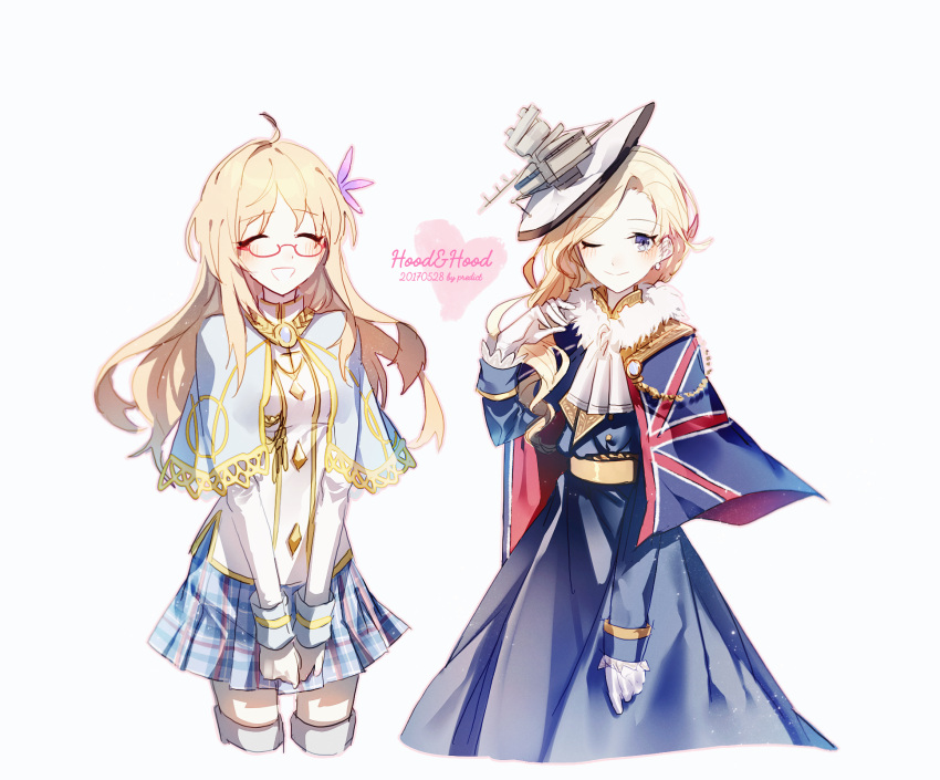 2girls, ;), ahoge, aiguillette, anchor, artist_name, azur_lane, blonde_hair