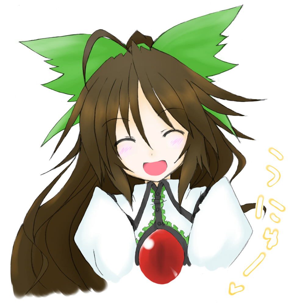 ^_^, blush, brown_hair, closed_eyes, eku, happy, long_hair, open_mouth, reiuji_utsuho, ribbon, smile, touhou, translated, unyu