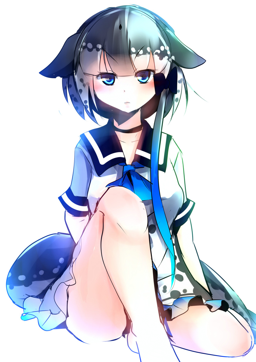 >:|, 1girl, absurdres, ascot, bare_legs, blue_eyes, blue_hair, blue_neckwear