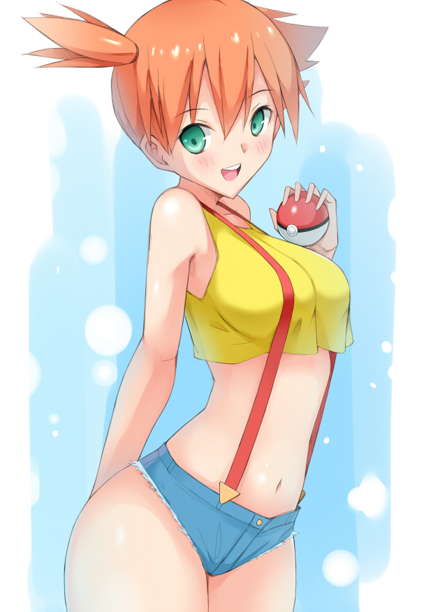 1girl, :d, bare_arms, blue_eyes, blush, breasts, cowboy_shot, crop_top