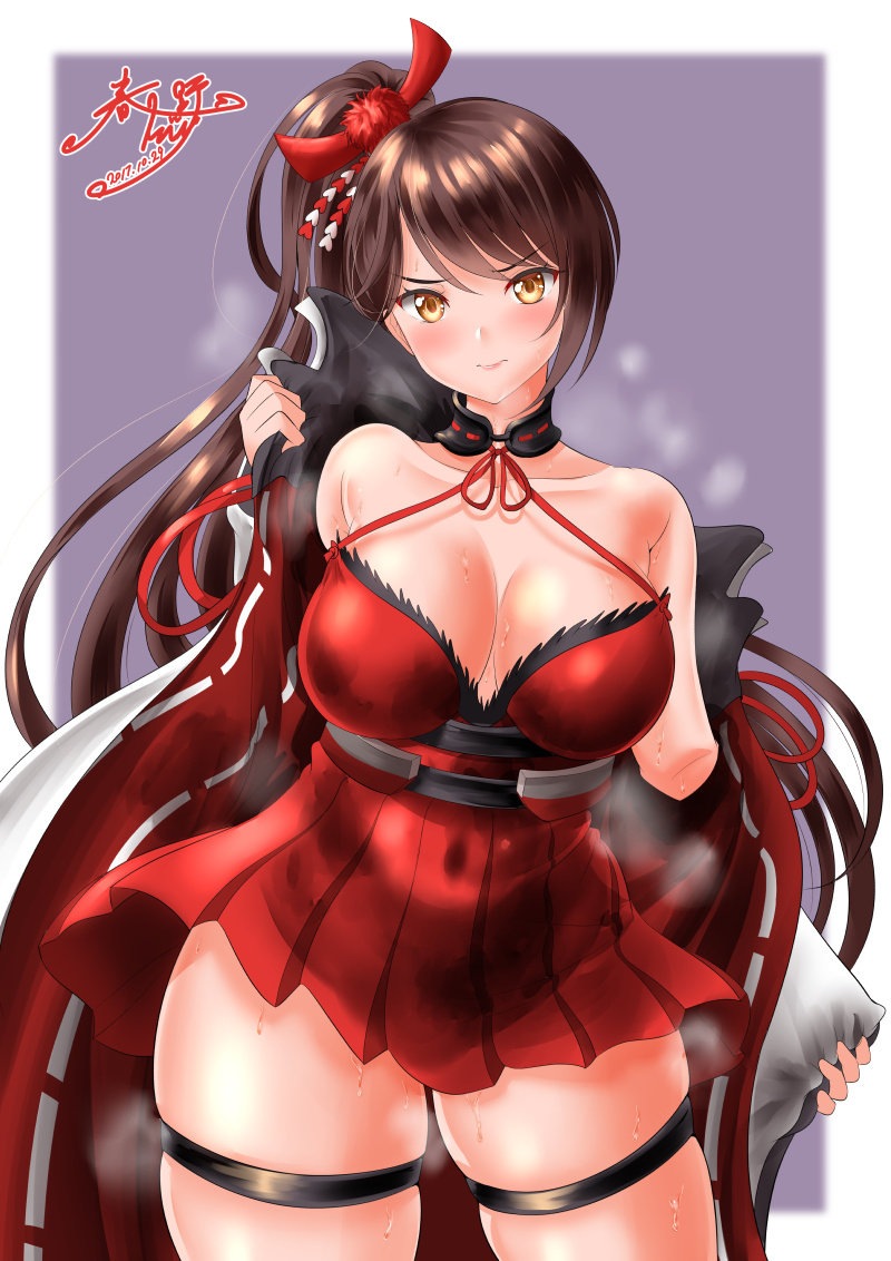 >:), 1girl, azur_lane, bangs, bare_shoulders, blush, breasts, brown_hair, cleavage, collarbone, commentary_request, covered_navel, dated, dress, eyebrows_visible_through_hair, hair_ribbon, kasugano_tobari, large_breasts, long_hair, looking_at_viewer, open_clothes, ponytail, purple_background, red_dress, red_ribbon, ribbon, ribbon_trim, short_dress, signature, skindentation, smile, solo, steaming_body, strap_gap, sweat, swept_bangs, thick_thighs, thigh_strap, thighs, undressing, very_long_hair, yellow_eyes, zuikaku_(azur_lane)