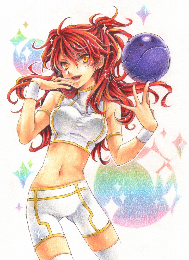 amber_eyes, ballpoint_pen_(medium), breasts, colored_pencil_(medium), gundam, gundam_00, haro, midriff