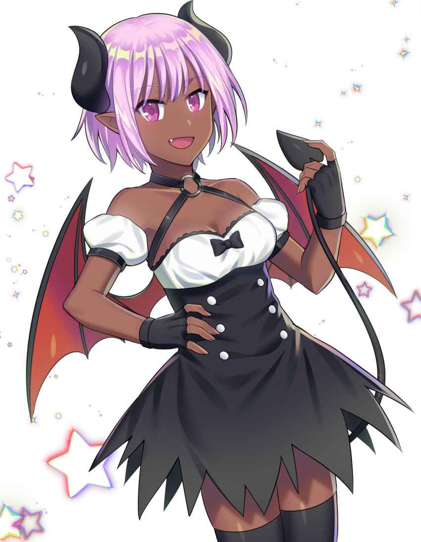 1girl, :d, bare_shoulders, black_dress, black_gloves, black_legwear, blush, breasts