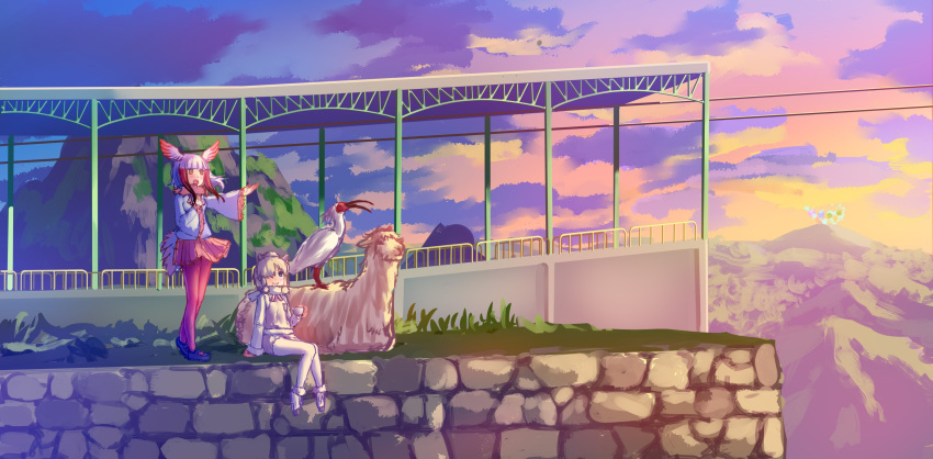 2girls, absurdres, alpaca, alpaca_ears, alpaca_suri_(kemono_friends), animal, bird, bird_tail