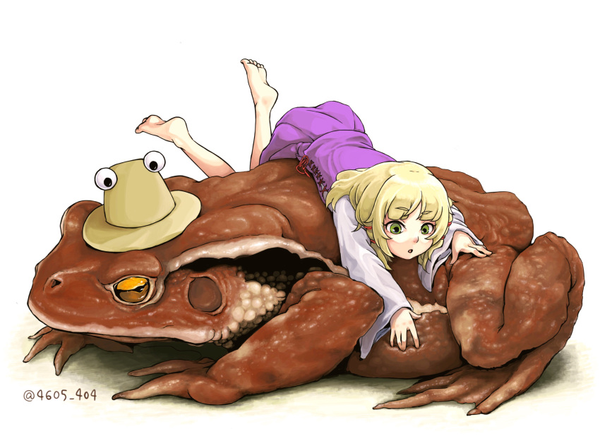 1girl, :o, absurdres, barefoot, blonde_hair, frog, full_body, hair_ribbon
