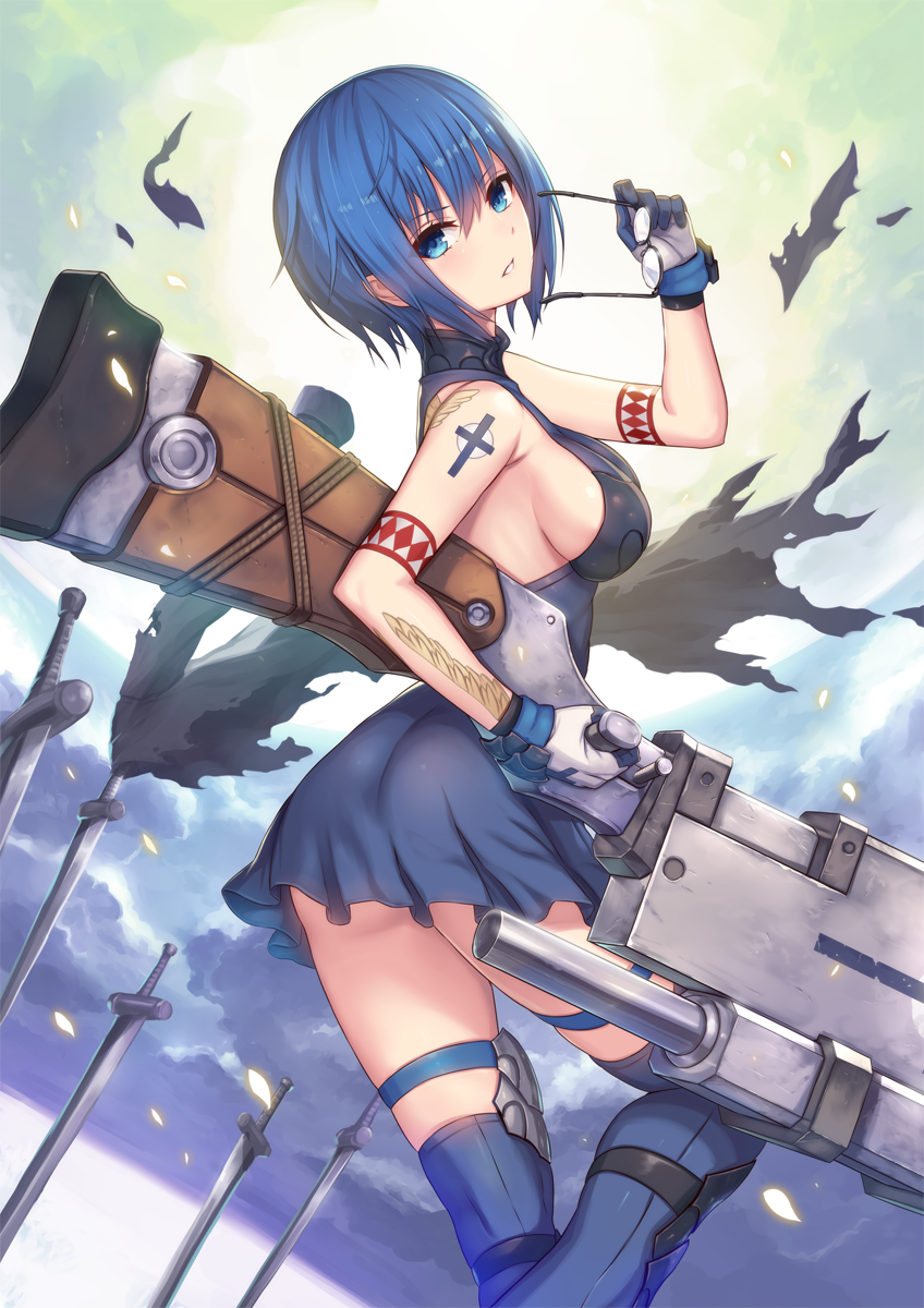 1girl, 2d, armpits, bangs, bare_shoulders, black_dress, blue_eyes, blue_hair