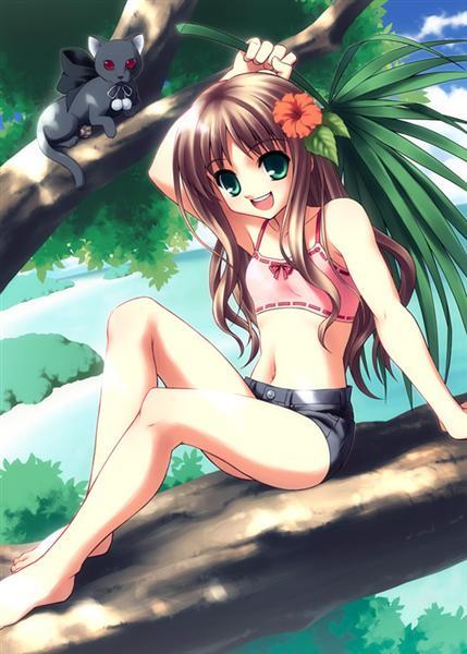 barefoot, brown_hair, flower, green_eyes, long_hair, navel, open_mouth, short_jeans