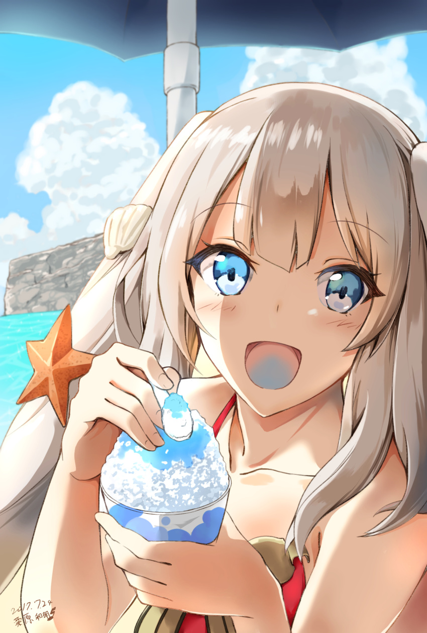 1girl, 2017, :d, beach, blue_eyes, blue_sky, blush, clouds