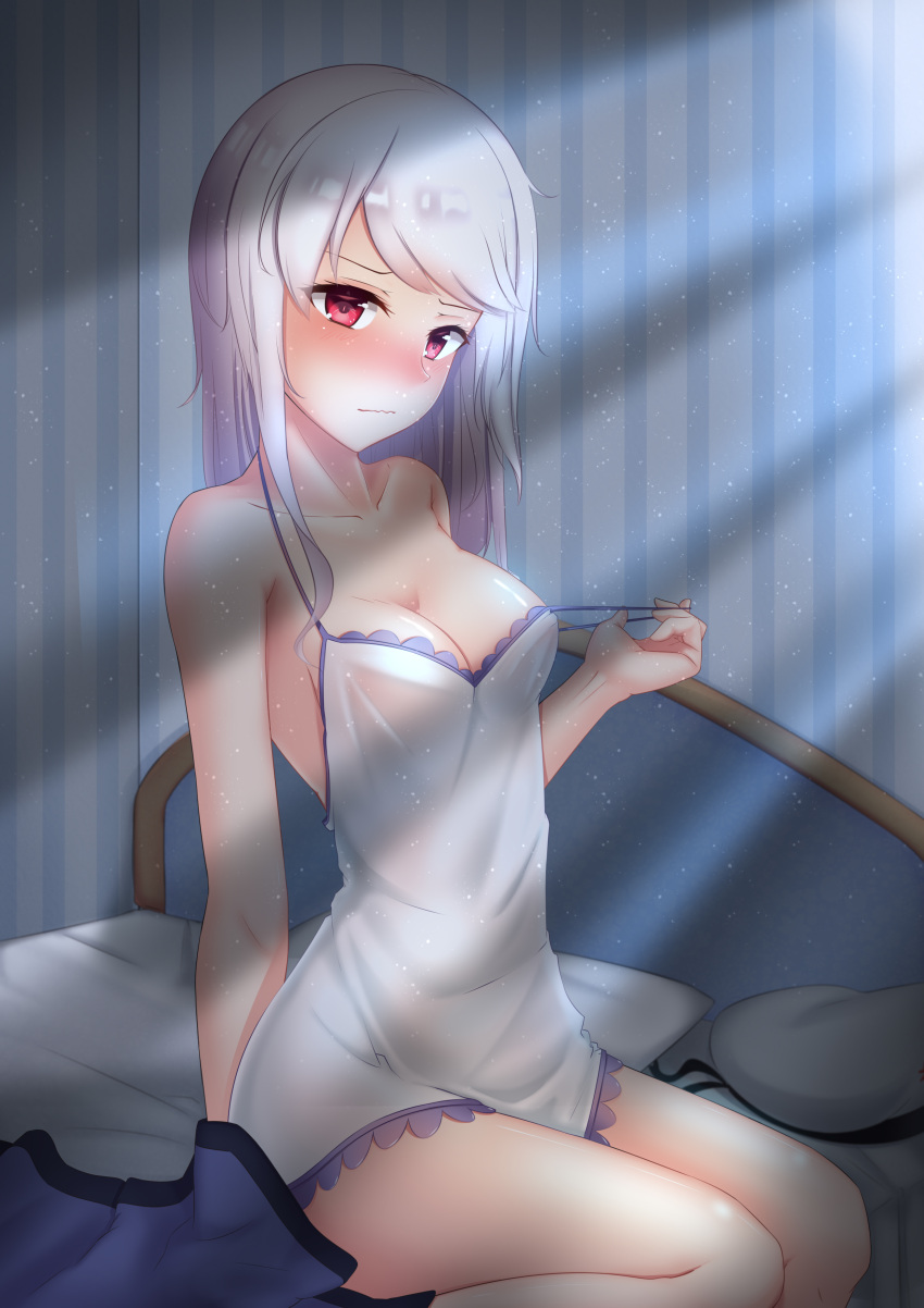 1girl, absurdres, arm_support, bed, blush, breasts, cleavage, collarbone, highres, indoors, lingerie, long_hair, looking_at_viewer, lux_(pixiv4480548), medium_breasts, negligee, off_shoulder, pillow, red_eyes, shiny, shiny_skin, sideboob, silver_hair, sitting, solo, striped, striped_background, underwear, zhan_jian_shao_nyu