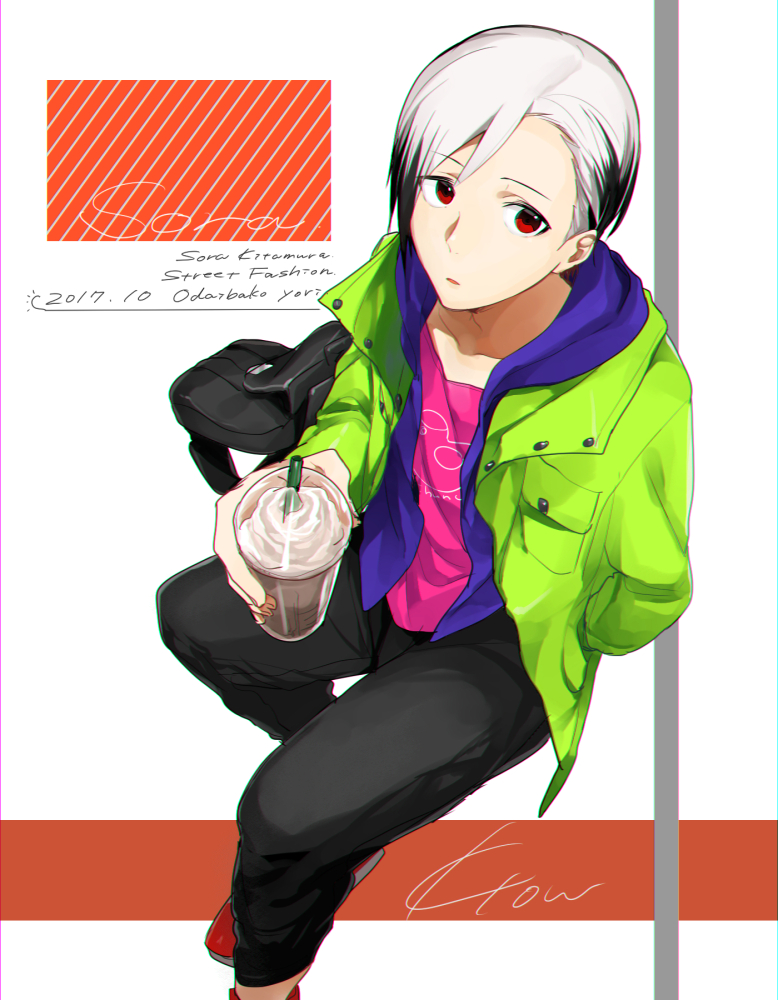 1boy, alternate_hairstyle, black_hair, dated, from_above, hand_in_pocket, hood, idolmaster