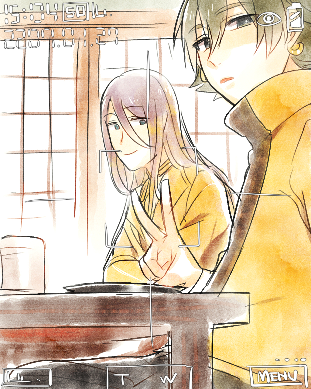 2boys, blue_eyes, brown_hair, casual, cup, earrings, hachisuka_kotetsu, hair_between_eyes