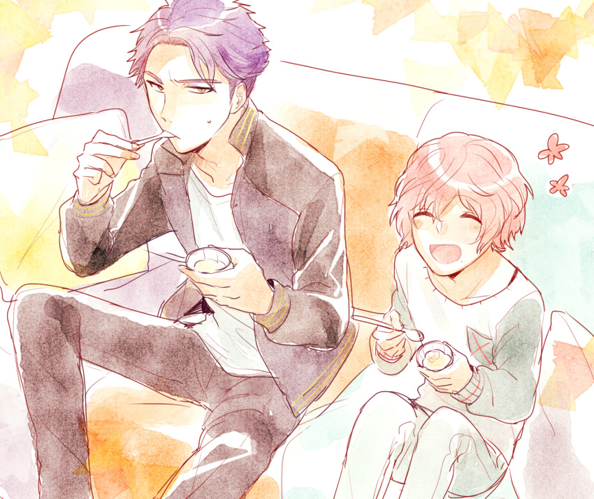 2boys, a3!, blush, comic, eating, food, highres, hyodou_juuza, ice_cream, jacket, kourosakiri, long_sleeves, looking_at_viewer, male_focus, multiple_boys, open_clothes, open_jacket, pillow, pink_hair, purple_hair, sakisaka_muku, sitting, spoon, yellow_eyes
