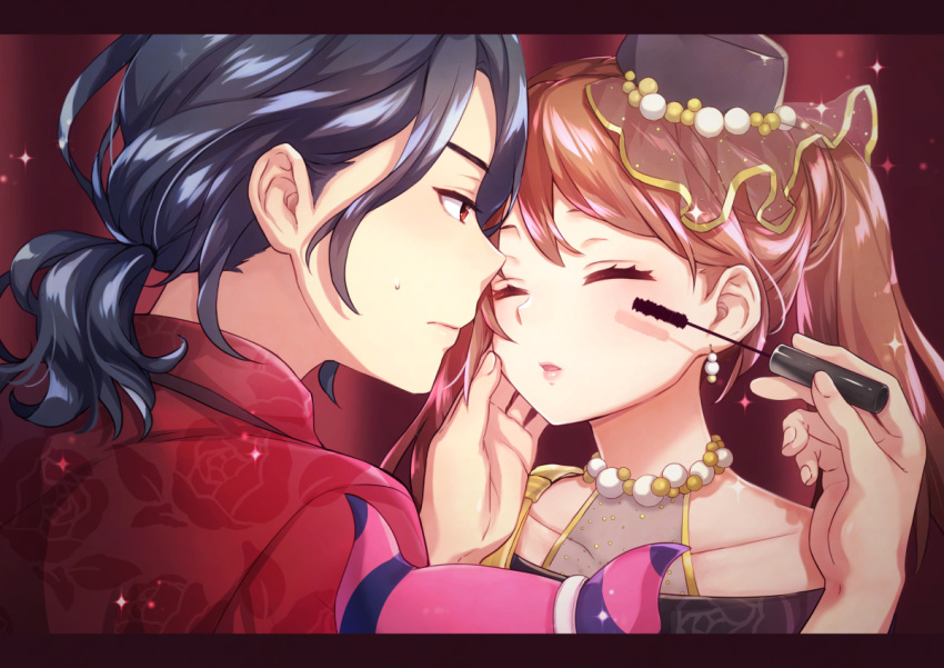 2boys, akariko_(akaringo), alternate_costume, alternate_hairstyle, asselin_bb_ii, blush, brown_hair, closed_eyes