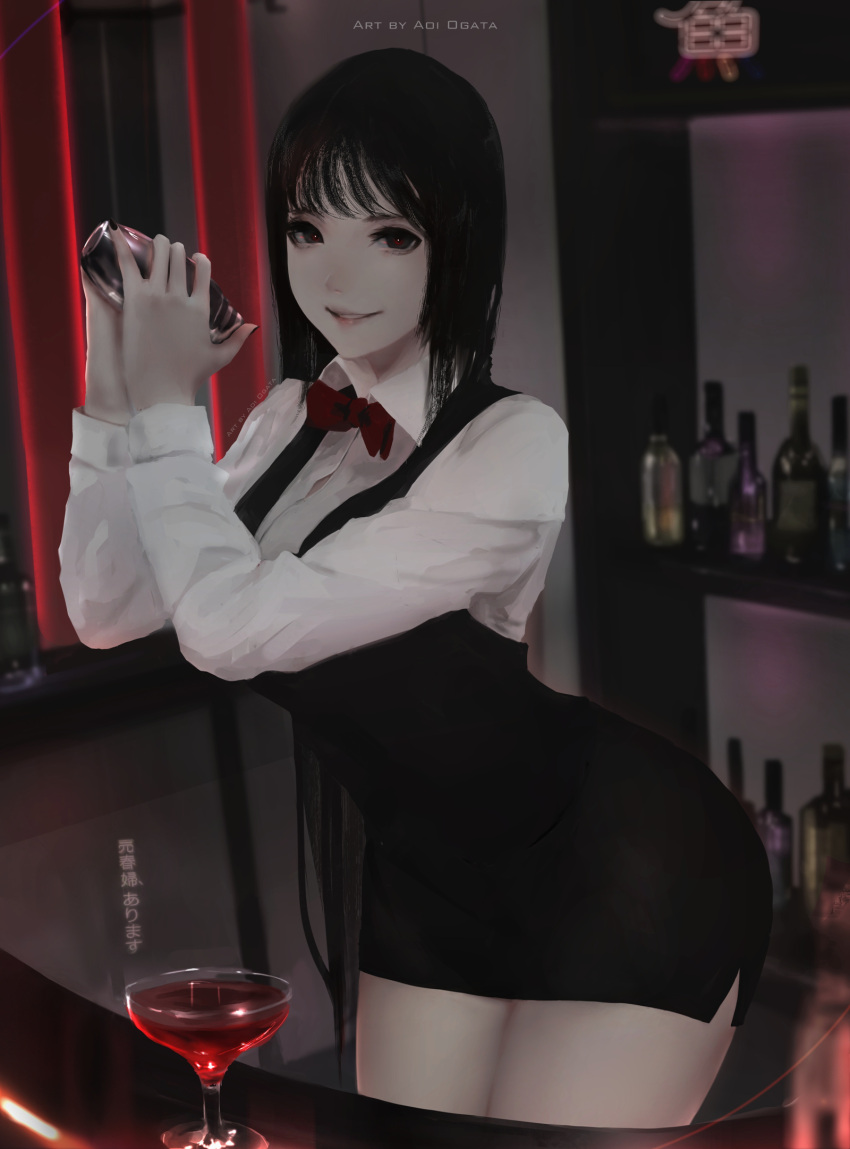 1girl, alcohol, aoi_ogata, bartender, black_eyes, black_hair, bottle, breasts, cocktail_glass, cup, drinking_glass, highres, long_hair, looking_at_viewer, original, shaker, smile, very_long_hair