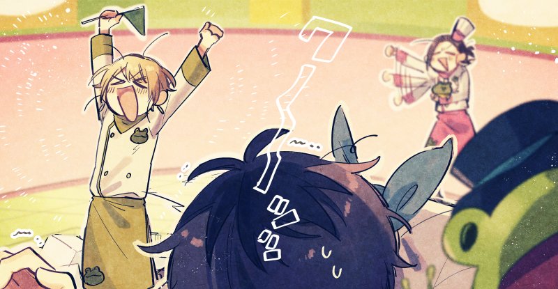 >_<, 3boys, beit, blonde_hair, brown_hair, chef_hat, chef_uniform, foam, geroppa, hand_puppet, hat, idolmaster, idolmaster_side-m, multiple_boys, pennant, pierre_(idolmaster), puppet, suzuki_yui, takajou_kyouji, top_hat, toque_blanche, watanabe_minori