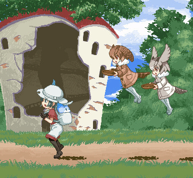 3girls, :d, animated, animated_gif, backpack, bag, bird_tail, bird_wings
