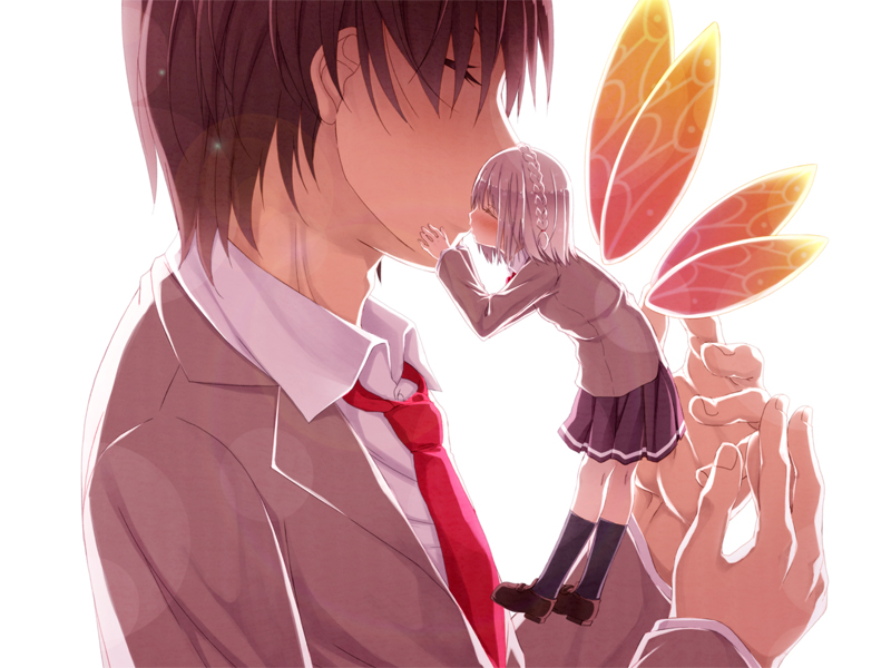 1boy, 1girl, butterfly_wings, chibi, fairy, fairy_wings, kago_no_tori, kiss