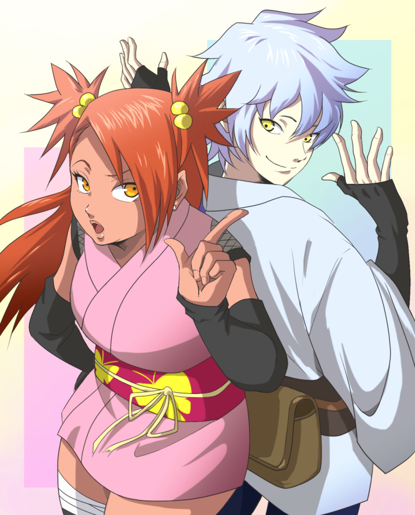 1boy, 1girl, akimichi_chouchou, arms_up, back-to-back, boruto:_naruto_next_generations, dark_skin, hair_bobbles