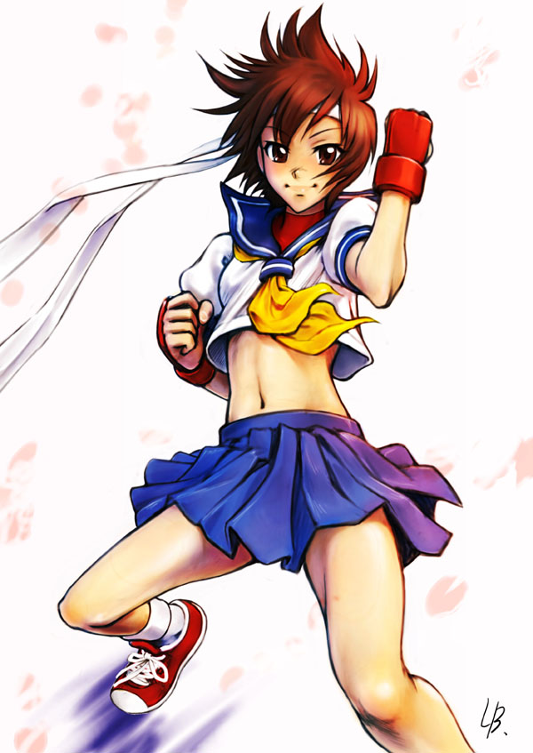 kasugano_sakura, lb, midriff, school_uniform, short_hair, street_fighter