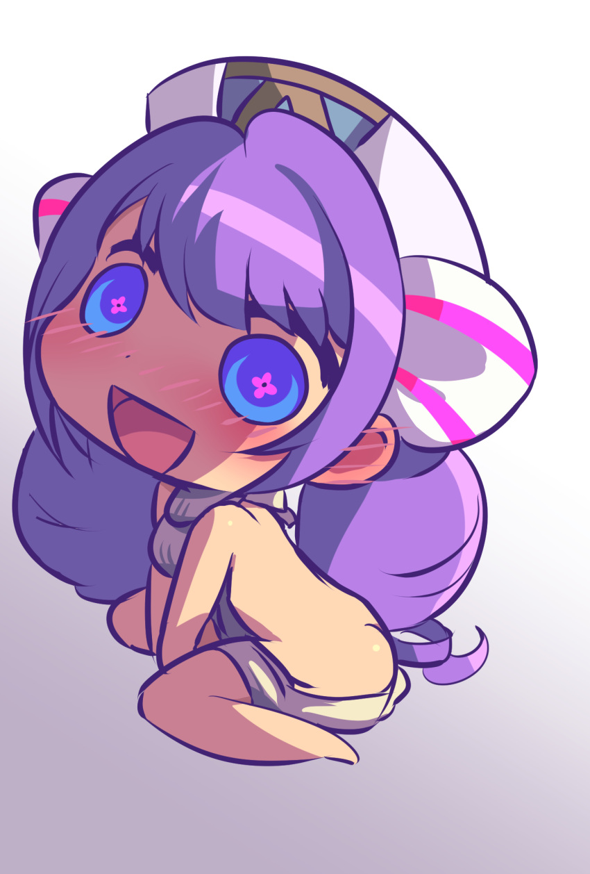 +_+, 1girl, :d, backless_outfit, bangs, bare_back, bare_shoulders, barefoot