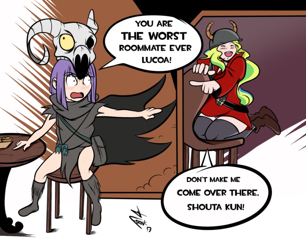 1boy, 1girl, bag, blonde_hair, chair, cosplay, dragon_girl, dragon_horns