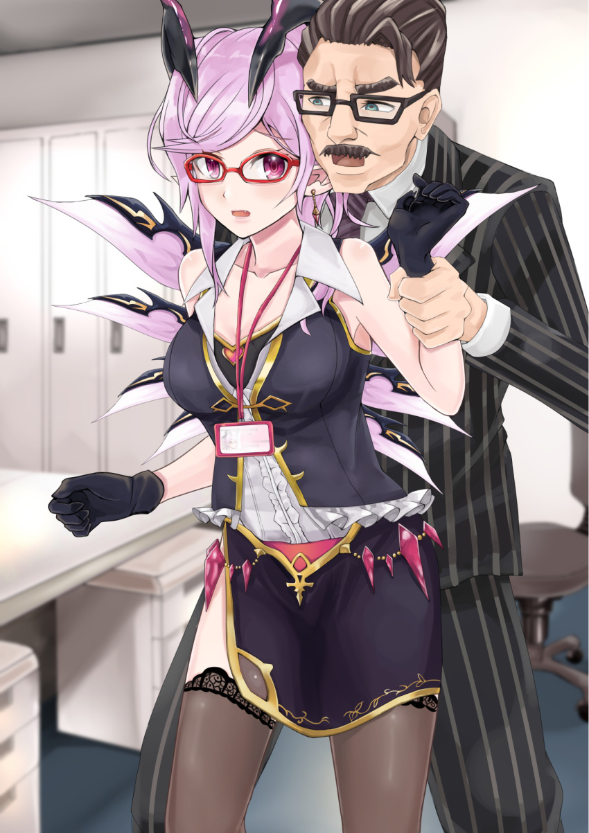 1boy, 1girl, bare_shoulders, belt, black-framed_eyewear, black_gloves, black_hair, black_legwear