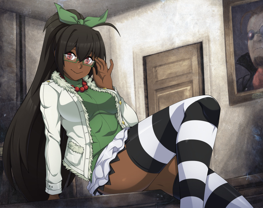 1girl, ahoge, black_hair, borrowed_character, bow, breasts, commentary, commission