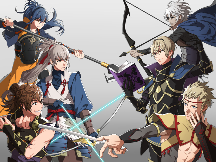 1girl, 5boys, arrow, blonde_hair, blue_eyes, blue_hair, book, bow_(weapon)