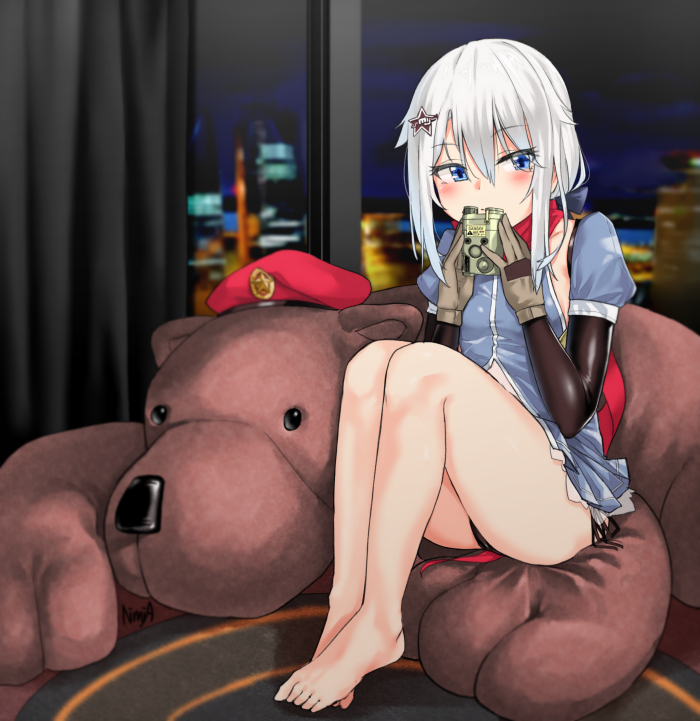 9a-91_(girls_frontline), beret, black_panties, blue_eyes, curtains, girls_frontline, gloves, grey_hair, hair_ornament, hat, night, night_sky, niminimisan, panties, red_scarf, scarf, sky, stuffed_animal, stuffed_toy, teddy_bear, underwear