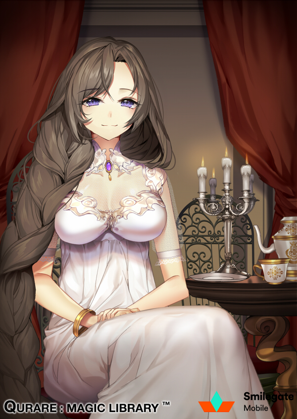 1girl, bangs, bracelet, braid, breasts, brown_hair, candelabra, candle, carchet, chair, closed_mouth, commentary, copyright_name, dress, eyebrows_visible_through_hair, gem, jewelry, large_breasts, long_dress, long_hair, looking_at_viewer, official_art, qurare_magic_library, see-through, single_braid, sitting, smile, solo, table, very_long_hair, violet_eyes, watermark, white_dress