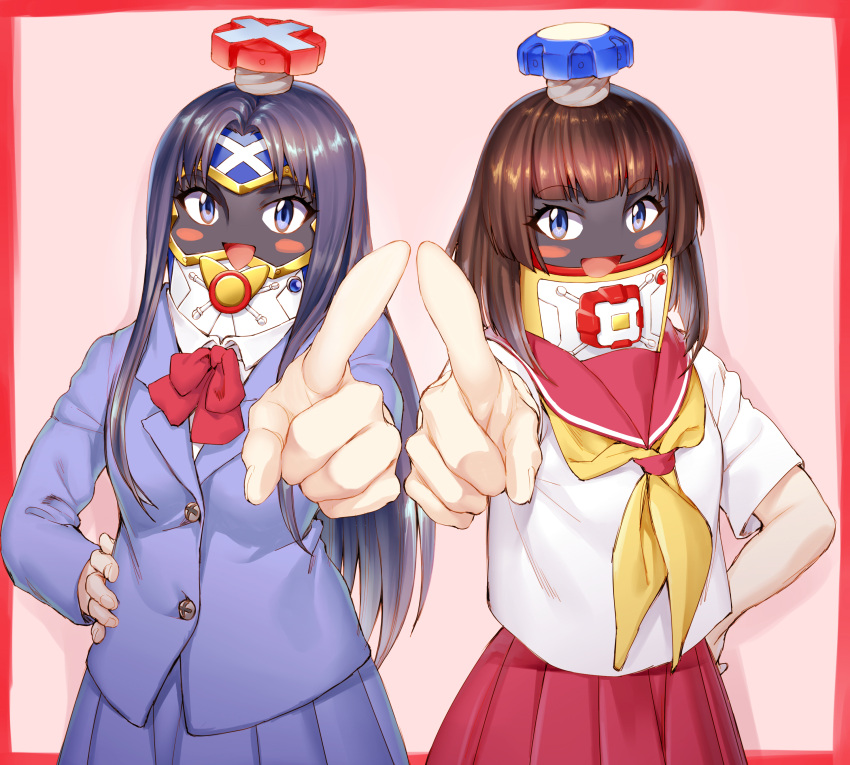 2girls, absurdres, black_hair, blue_eyes, brown_hair, genderswap, genderswap_(mtf), heybot!