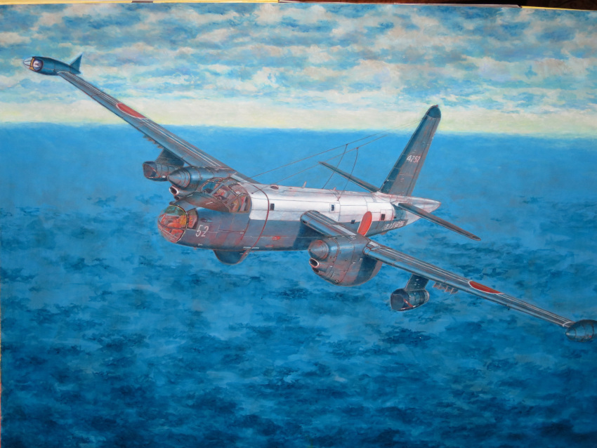 acrylic_paint_(medium), aircraft, airplane, calligraphy_brush_(medium), clouds, cloudy_sky, commentary_request, day