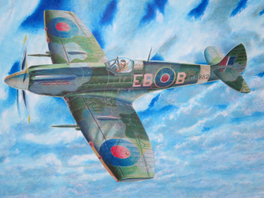 1boy, absurdres, acrylic_paint_(medium), aircraft, airplane, blue_sky, calligraphy_brush_(medium), clouds