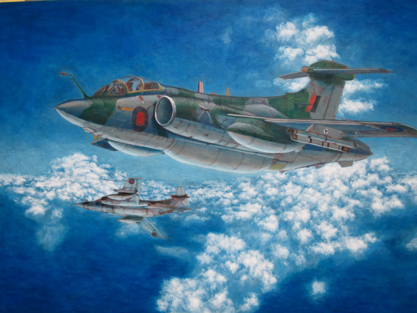 absurdres, acrylic_paint_(medium), aircraft, airplane, blackburn_buccaneer, blue_sky, calligraphy_brush_(medium), clouds