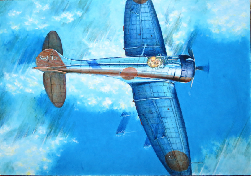 a5m, above_clouds, absurdres, acrylic_paint_(medium), aircraft, airplane, calligraphy_brush_(medium), clouds