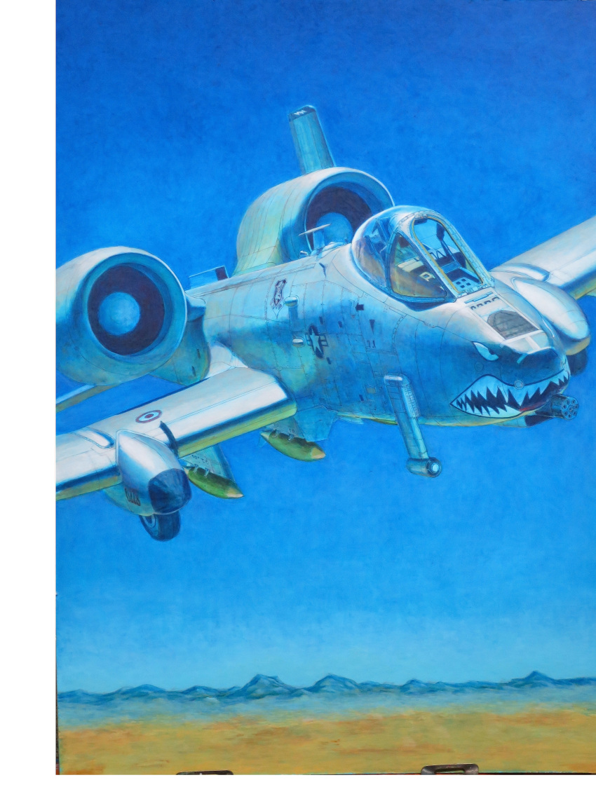 a-10_thunderbolt_ii, absurdres, acrylic_paint_(medium), aircraft, airplane, blue_sky, calligraphy_brush_(medium), commentary_request