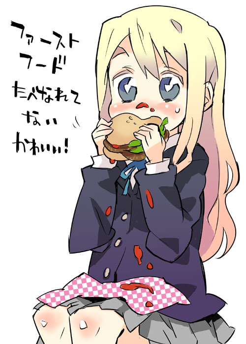 blonde_hair, blue_eyes, eating, food, hamburger, k-on!, ketchup, kotobuki_tsumugi