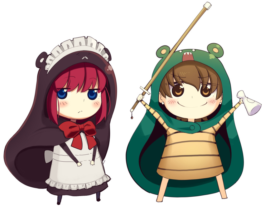 2girls, apron, bangs, blue_eyes, blush, boa_(brianoa), brown_eyes, brown_hair