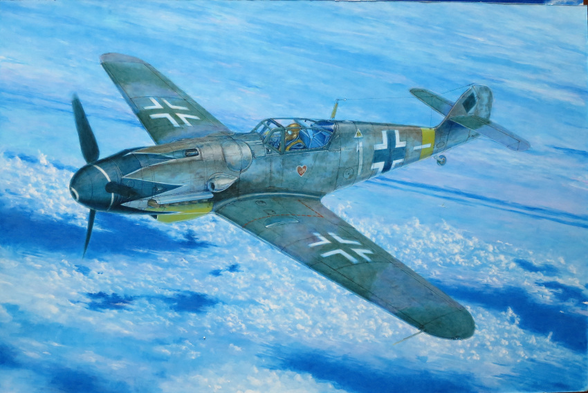 1boy, above_clouds, absurdres, acrylic_paint_(medium), aircraft, airplane, calligraphy_brush_(medium), clouds