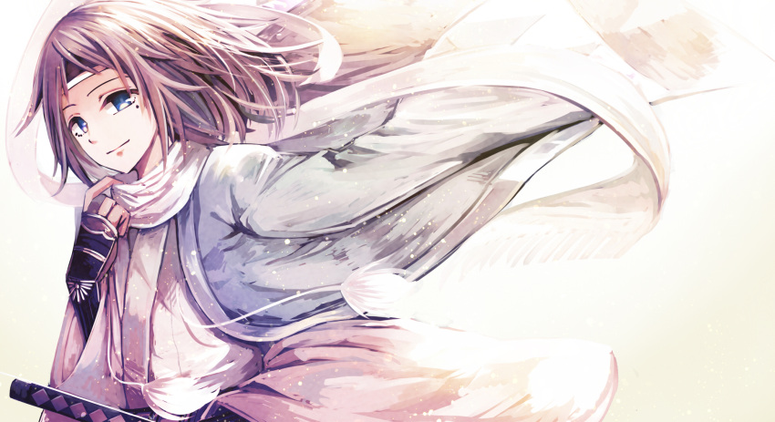 1boy, black_hair, blue_eyes, haori, headband, highres, japanese_clothes, kiwame_(touken_ranbu)