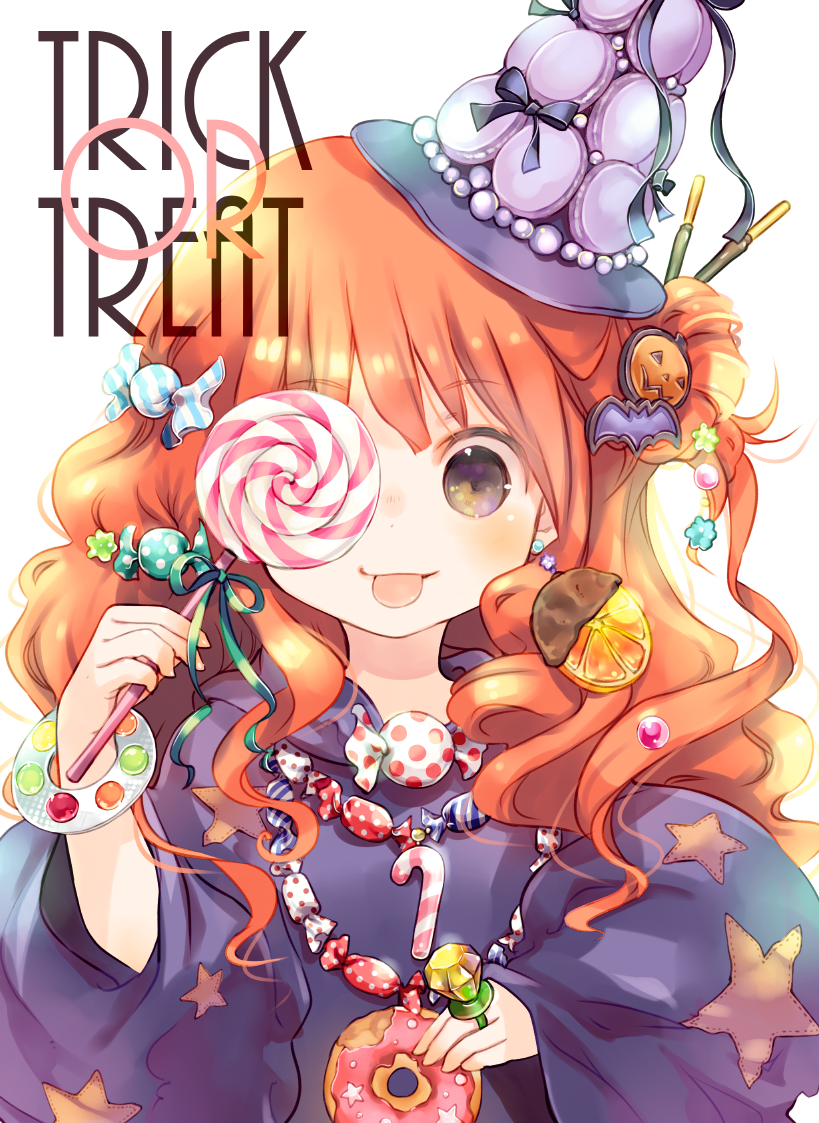 1girl, :p, bangs, bat_hair_ornament, blush, bracelet, candy, candy_hair_ornament