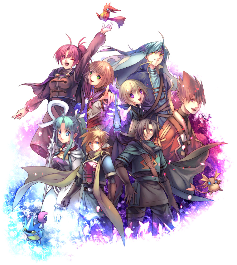 4girls, 5boys, :d, ;d, ahoge, alex_(golden_sun), aqua_hair, arm_up