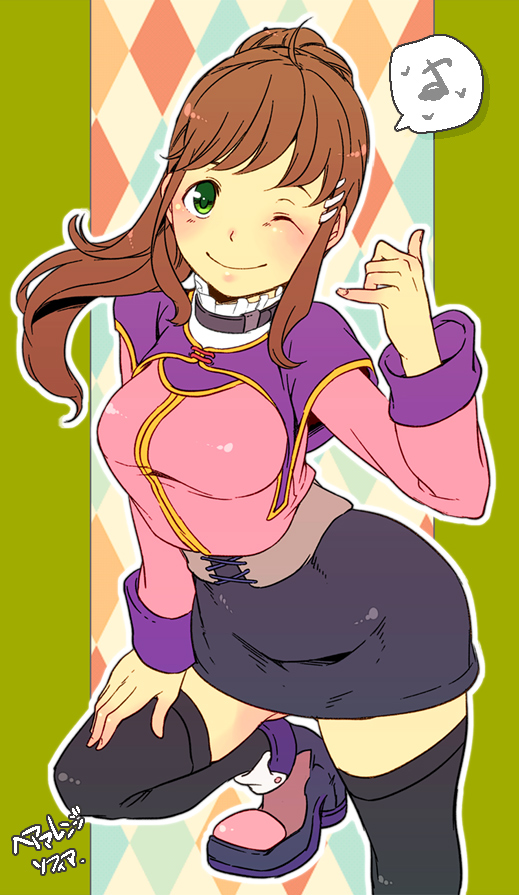 1girl, black_legwear, blush, breasts, brown_hair, green_eyes, hair_ornament, hairclip
