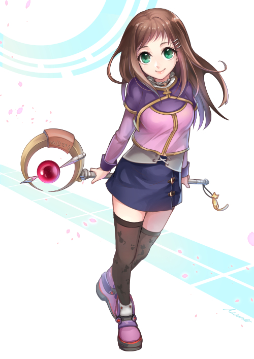 1girl, black_legwear, blush, breasts, brown_hair, green_eyes, hair_ornament, hairclip