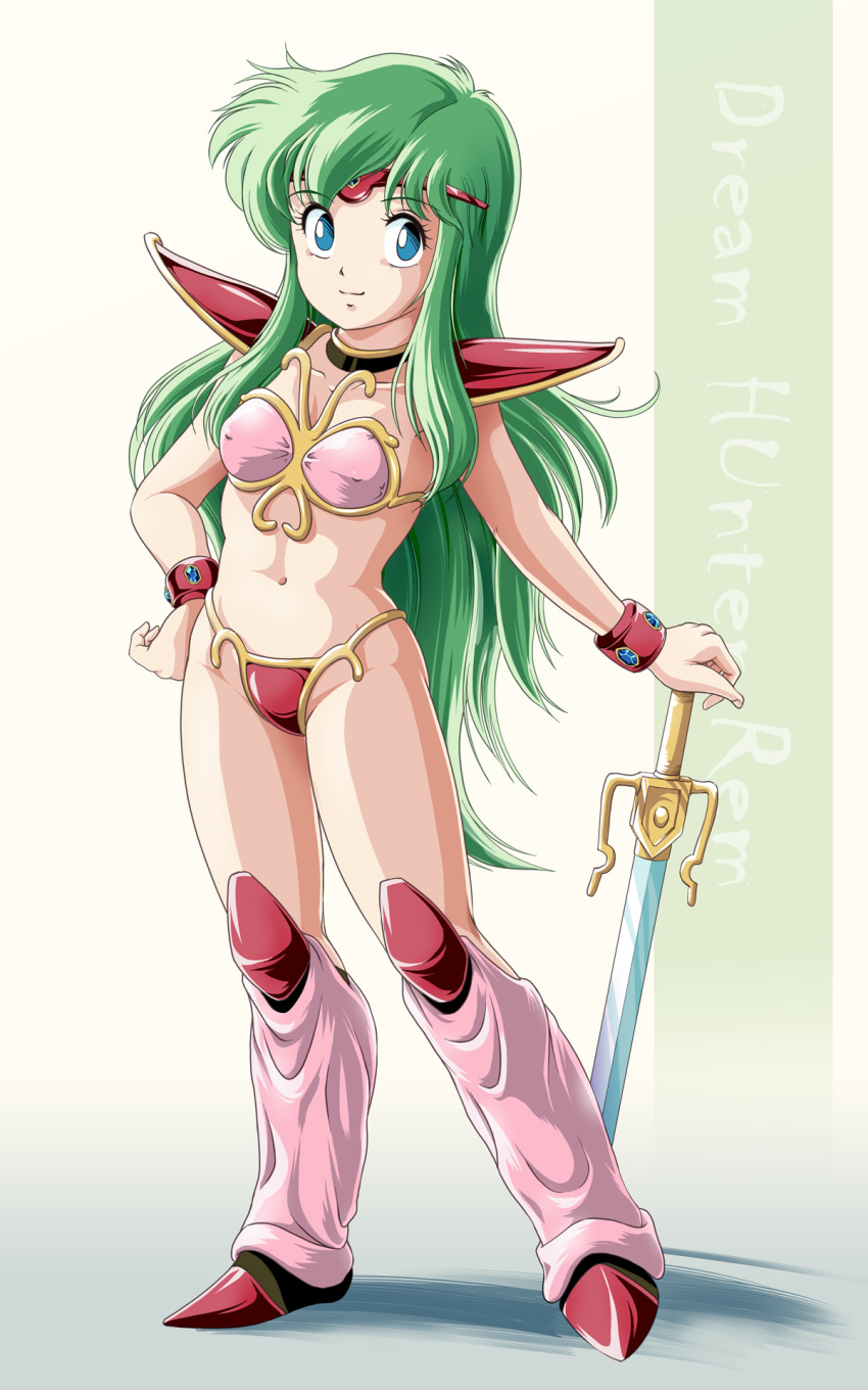 1girl, armor, ayanokouji_rem, bikini_armor, blue_eyes, boots, bracer, breasts